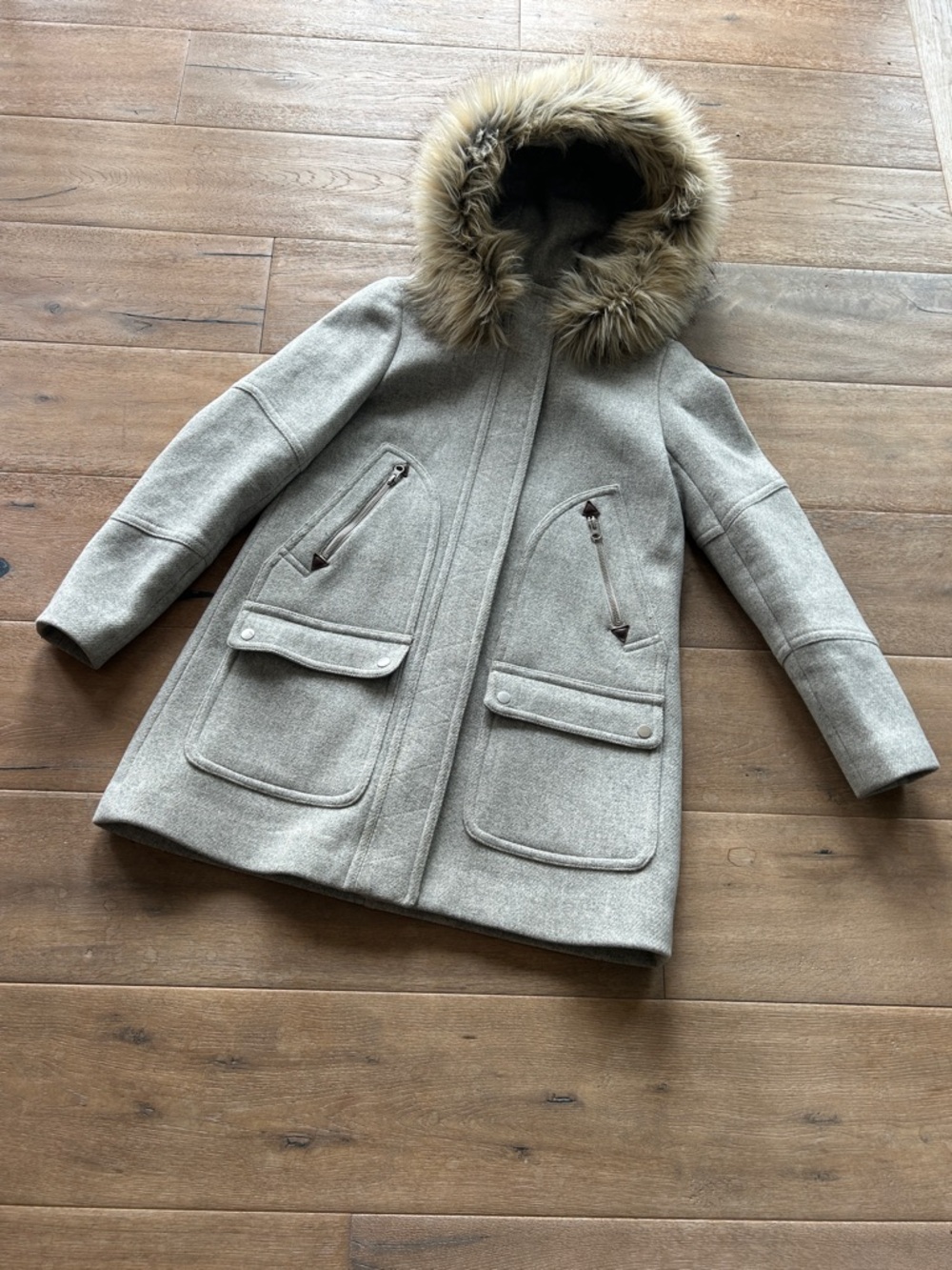 J. Crew Light Gray Wool Stadium Cloth Coat with Faux Fur Hood